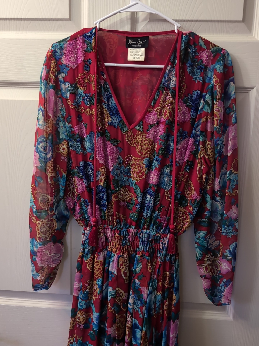 Diane Freis Red Floral Asymmetrical V-Neck Dress